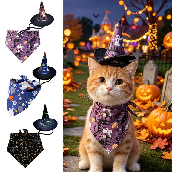 Aoznliie Dog Bandana, Halloween Hat & Scarf Set for Cats Small Dogs, 18x26 inch Pet Costume for Porch Geese, Purple