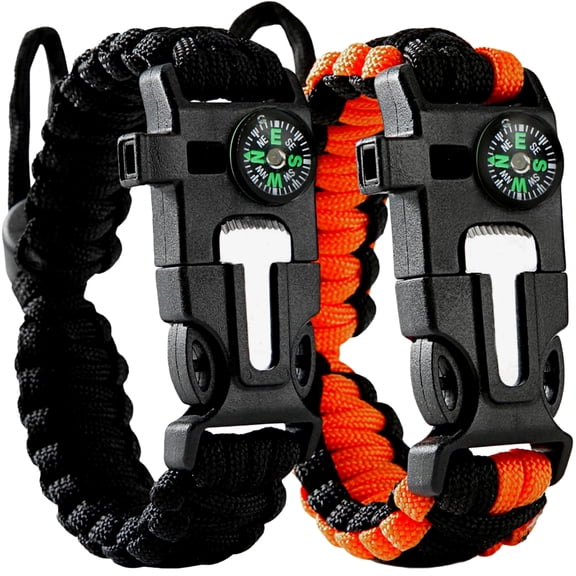 Kaleduo Paracord Bracelet (2 Pack) - Adjustable - Fire Starter - Loud Whistle - Perfect for Hiking, Camping, Fishing and Hunting - Black & Black Orange