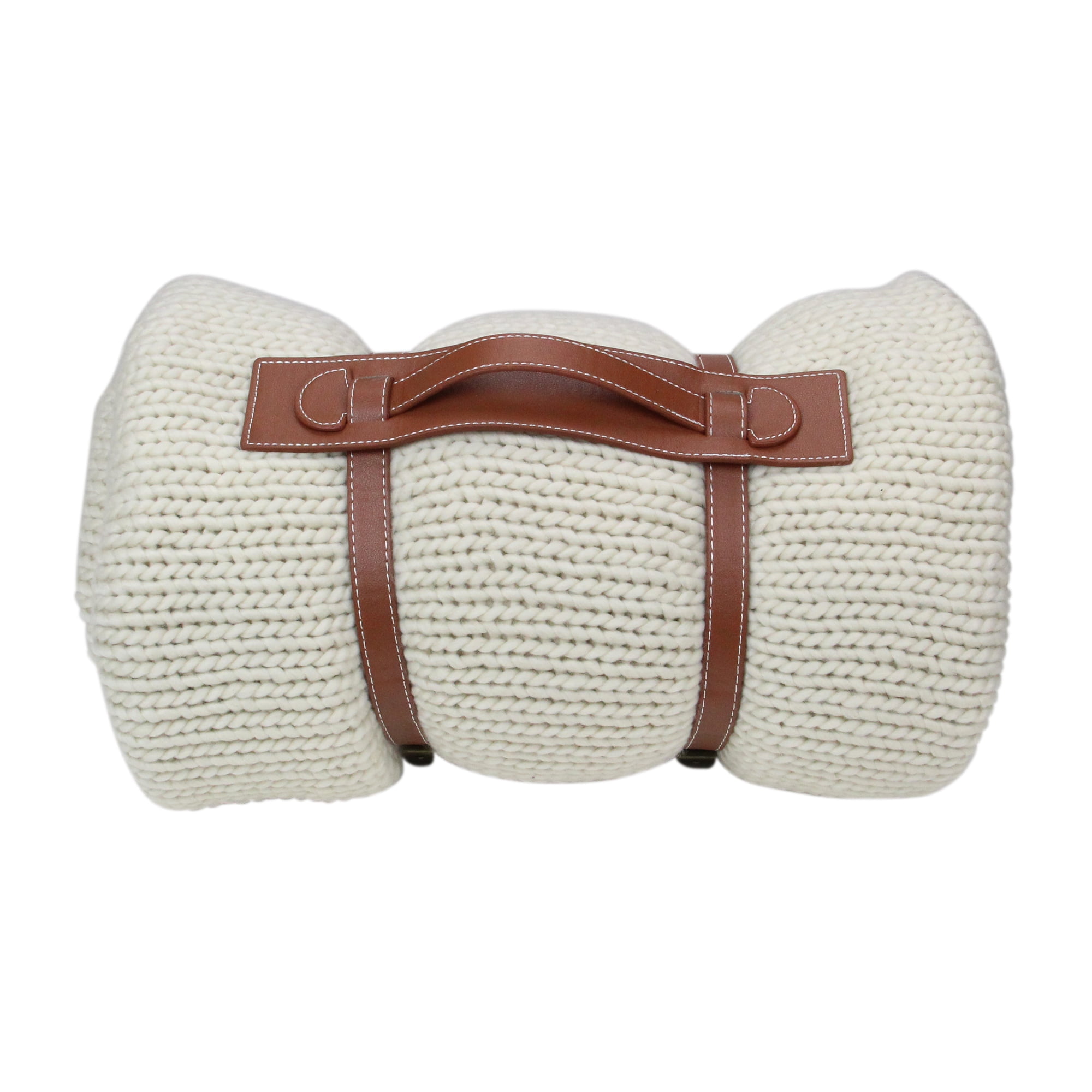 Ivory Super Plush Knitted Throw Blanket with Carrying Band 60" x 60"