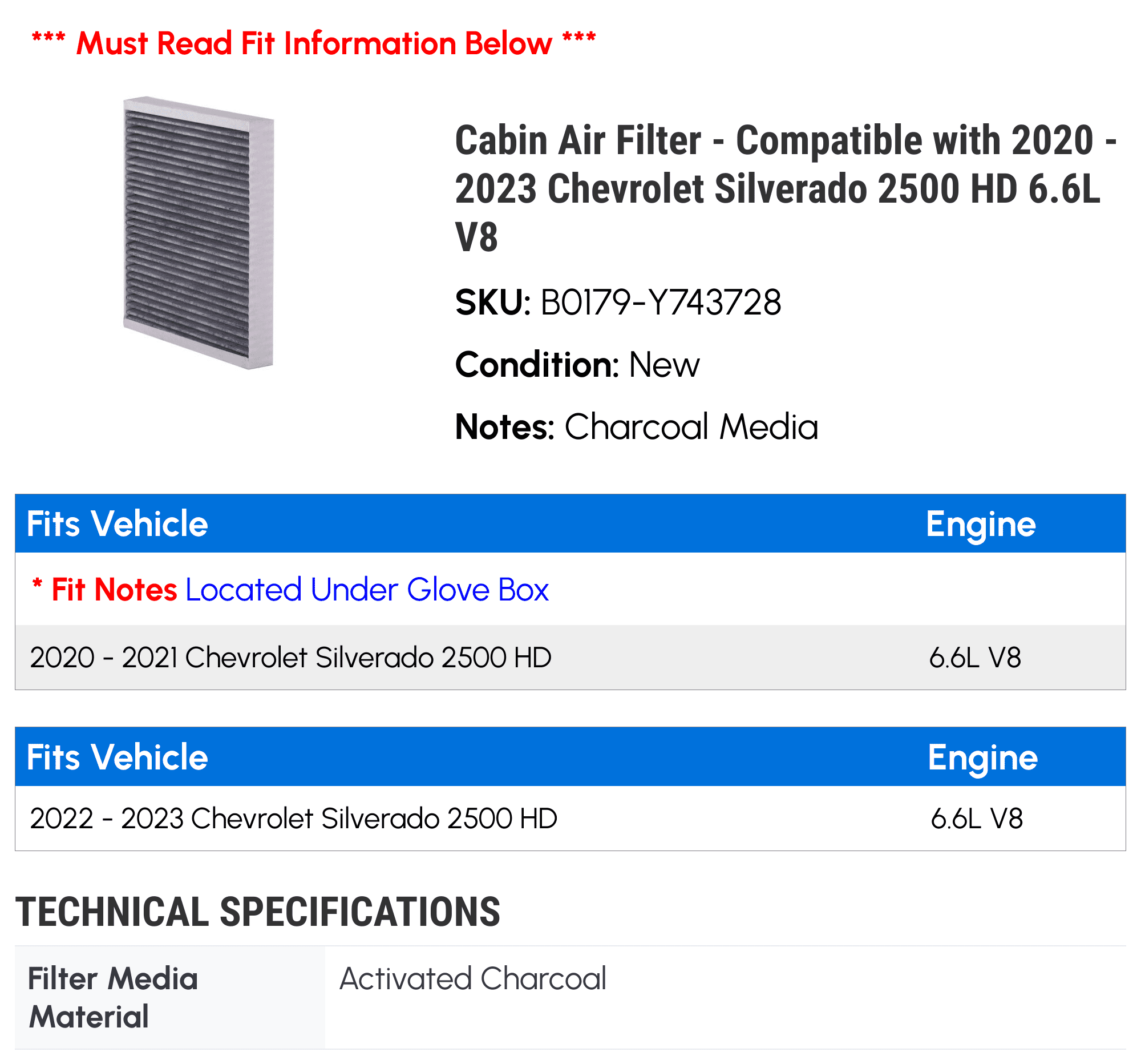 Cabin Air Filter - Compatible with 2020 - 2023 Chevy Silverado 2500 HD 6.6L V8 2021 2022