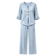 thumbnail image 7 of LEKWK Vacation Outfits for Women Plaid 2 Piece Lounge Set Ruffle 3/4 Sleeve Button Front Top and Wide Leg Pants Matching Outfits Home Sleepwear, 7 of 7