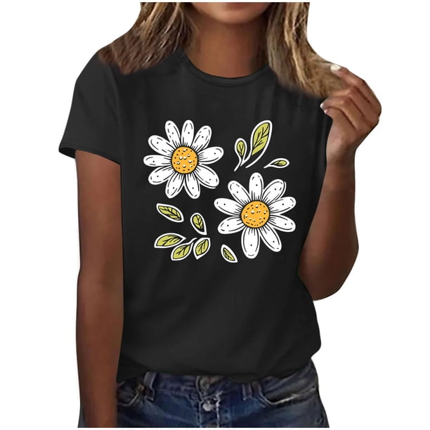 Camisas de Manga Corta para las Mujeres Moda Casual Impresión Cuello Redondo Suéter Tee Blusas