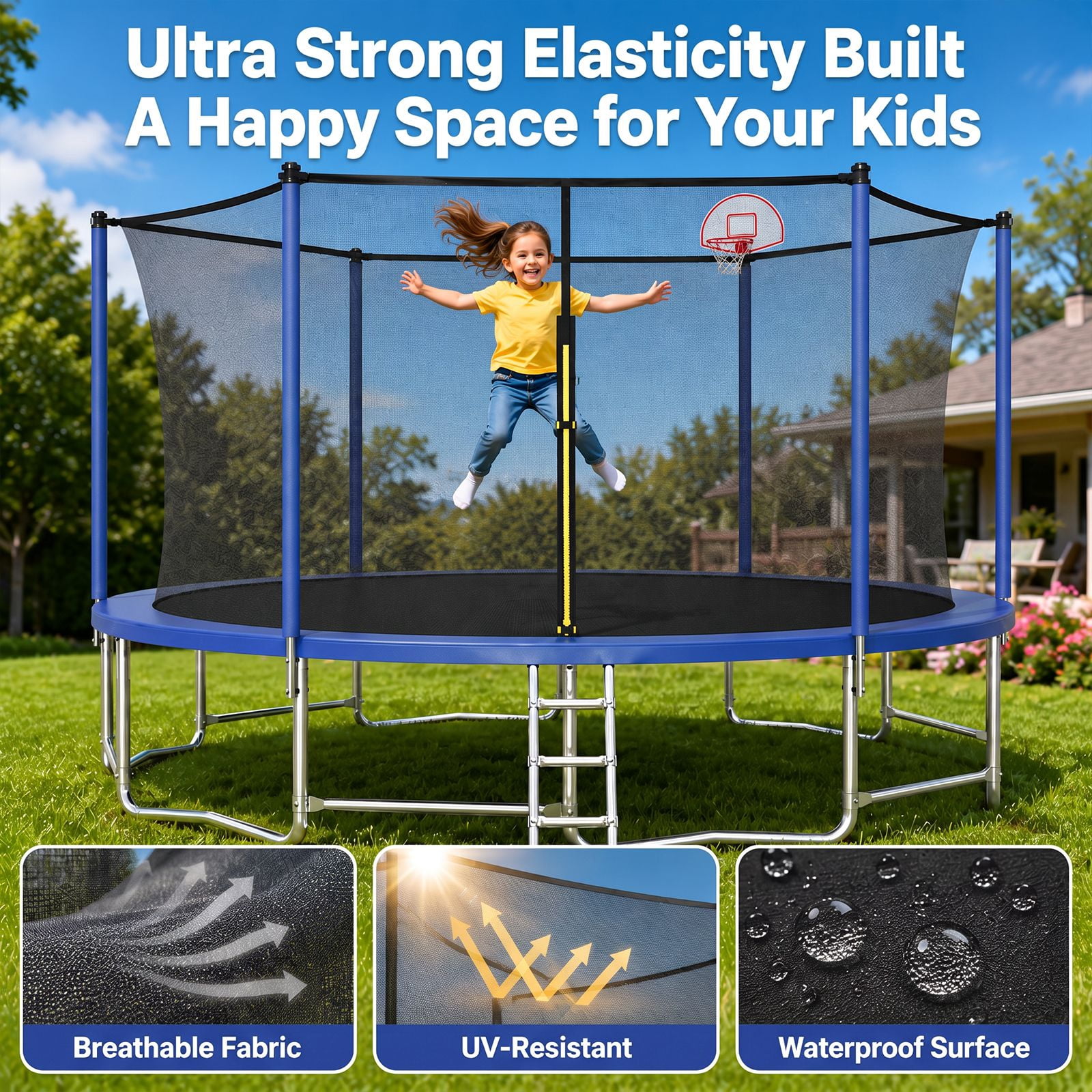 Alvantor 16Ft Trampoline for Kids & Adults, Upgrad Trampolines with Enclosure Net and Basketball Hoop for Backyard Blue