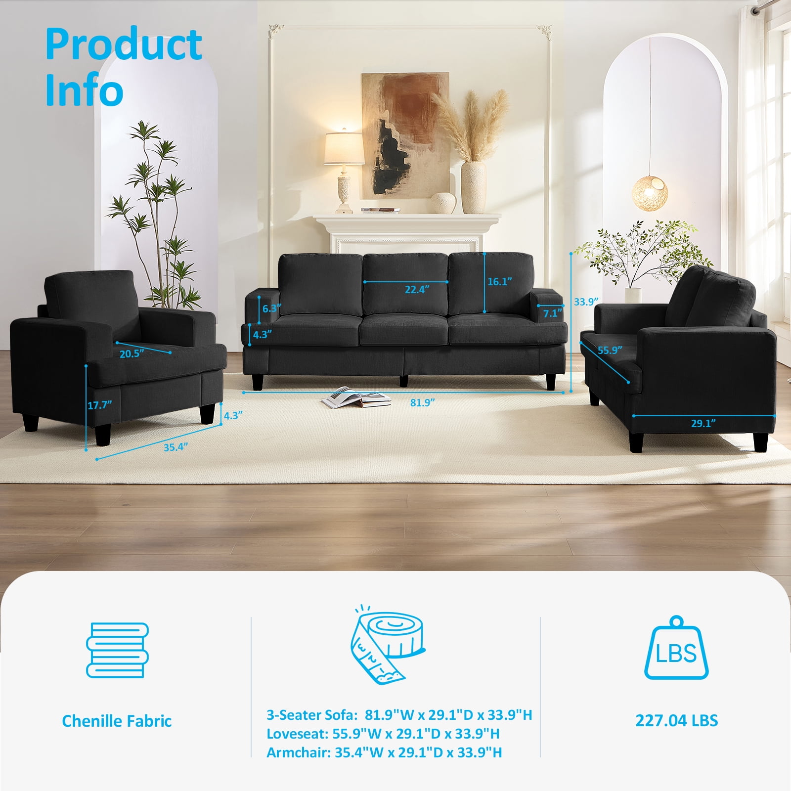Puremind 3 Piece Living Room Furniture Sets, Modern Chenille Sofa Set for Living Room/Small Spaces, Sofa, Loveseat and Armchair, Dark Gray