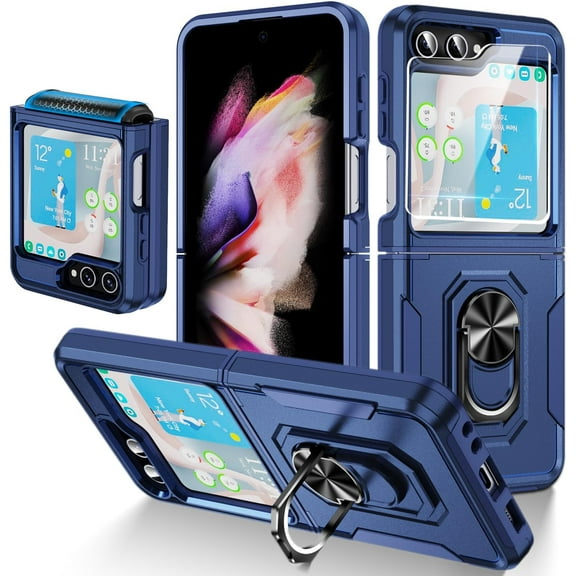 for Samsung Galaxy Z Flip 5 Case with Hinge Protection & Back Screen Protector and 360°Rotate Ring Magnetic Kickstand, Samsung Z Flip 5 Phone Case for Samsung Galaxy Z Flip 5 5G (Z_Blue)