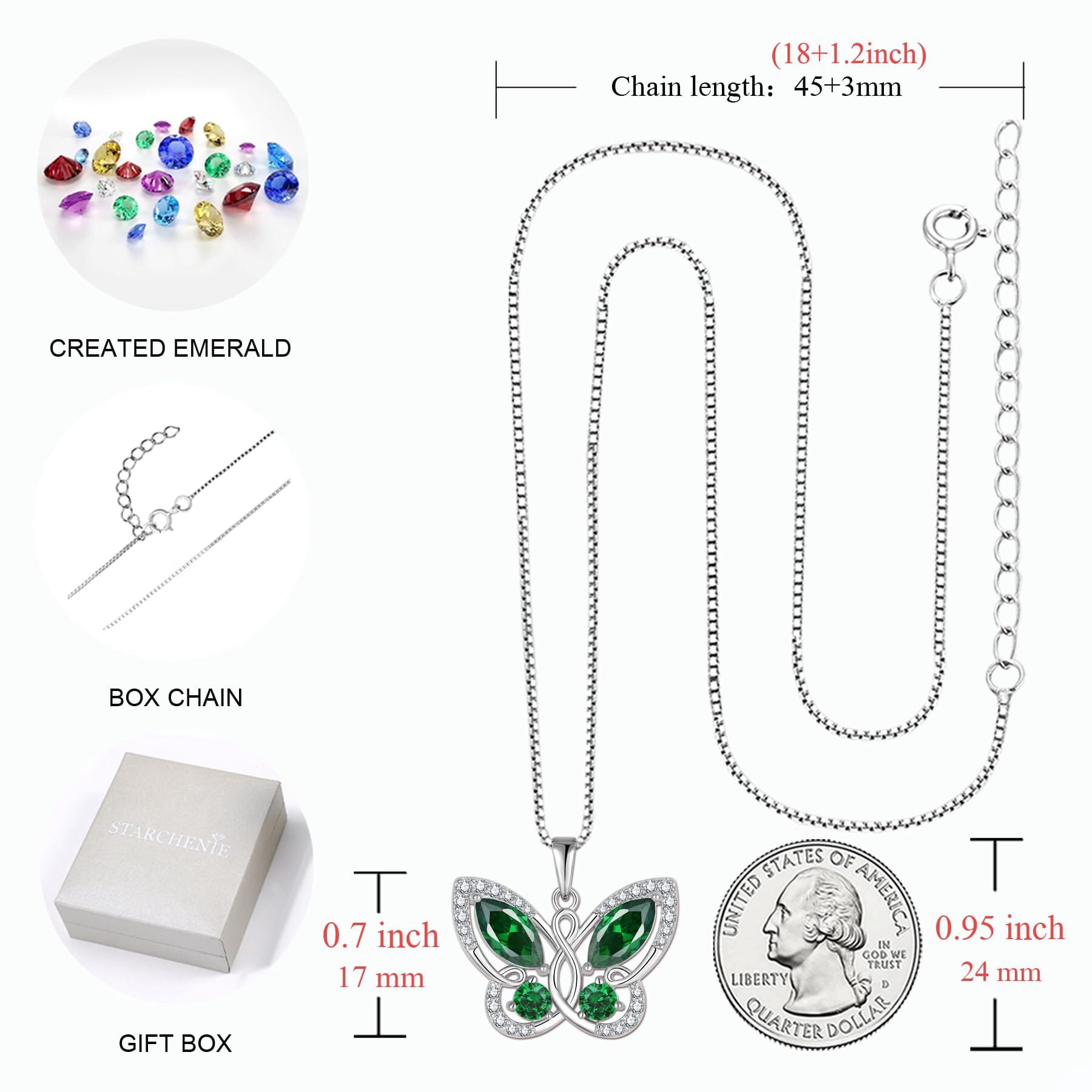 Starchenie Butterfly Pendant Necklace Women 925 Sterling Silver Birthstone May Emerald Butterfly Jewelry Gifts