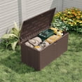 thumbnail image 4 of Coffre de Terrasse Extérieur en Résine Osier de 99 Gallons – Banc de Rangement Étanche et Résistant aux UV avec Couvercle à Levage Hydraulique – Rangement de Patio Verrouillable pour Coussins, Outils de Jardin, Accessoires de Piscine – Brun, Sangle Tressée, 4 of 8