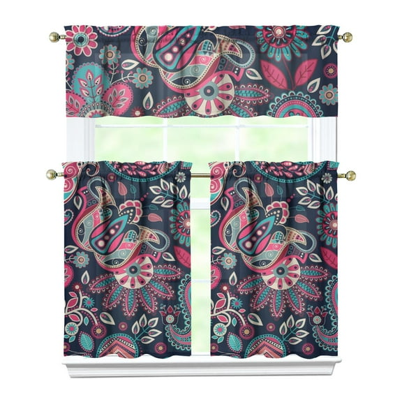 Colorful Paisley Kitchen Curtains Set - 3 Piece Bohemian Tier & Valance, Vibrant Indian Design, Semi-Sheer Rod Pocket Window Panels