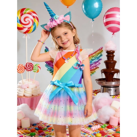 CARETOO 9-Piece Toddler Girl Clothes Tulle Skirt Unicorn Outfit Dress Set Rainbow Striped Ruffled Top, Puffy Tulle Skirt & Unicorn Headband Set 3-8 Years Girls Birthday Dress