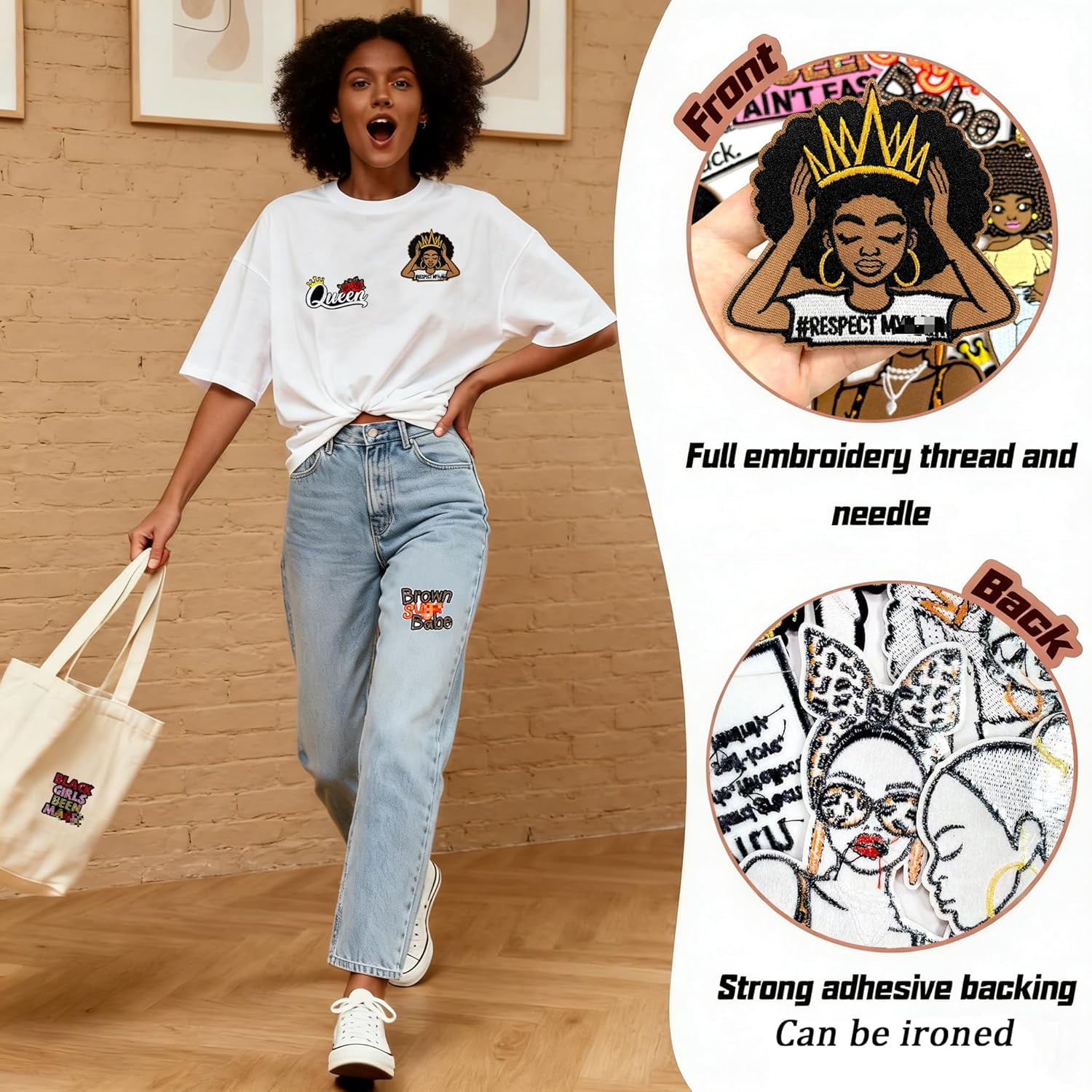 Sequin Black Girl Iron On Patches, Queen Embroidered Patch for Clothes, Women Applique for Backpacks, Hats, Jeans, Jackets - 11PCS