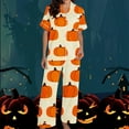 thumbnail image 3 of Tnhcen Women's Halloween Pajama Set Cute Pumpkin Print Short Sleeve Button Up Elastic Waist 2-Piece Comfortable Sleepwear S-3XL Orange, 3 of 5
