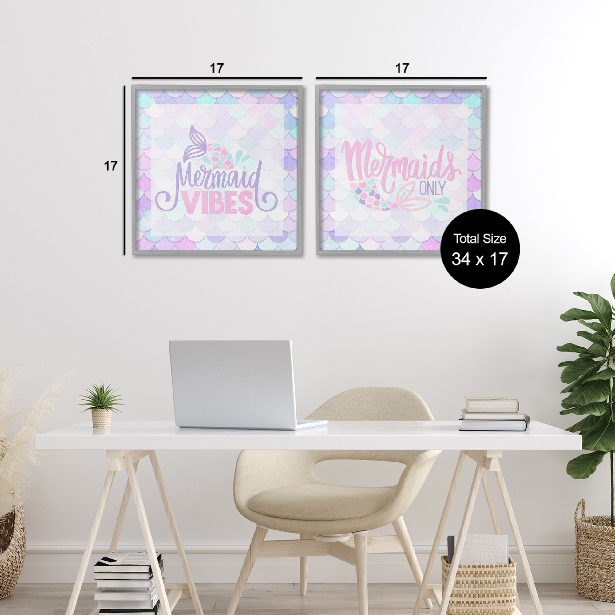 Dreamy Mermaid Phrases with Scales 2 Piece Gray Framed Giclee Art Set, design by Kim Allen