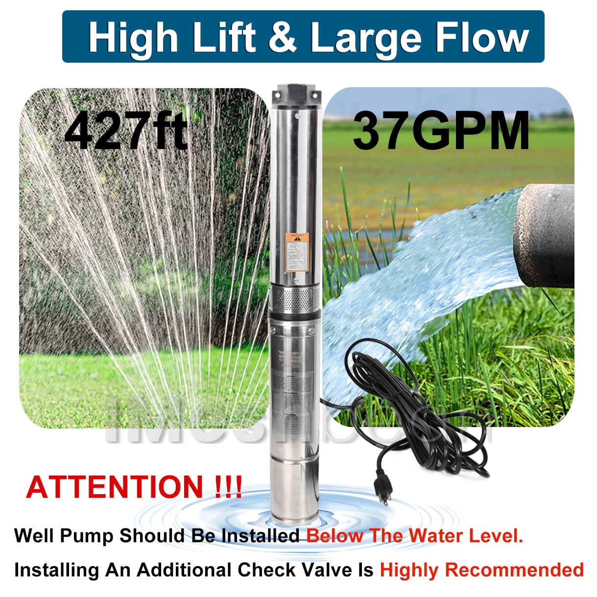 iMeshbean Submersible Well Pump, 2HP 4" Deep Well Pump 220V-60Hz/ 37 GPM/ 427FT Max Lift/ 100FT Cord 12 Stage