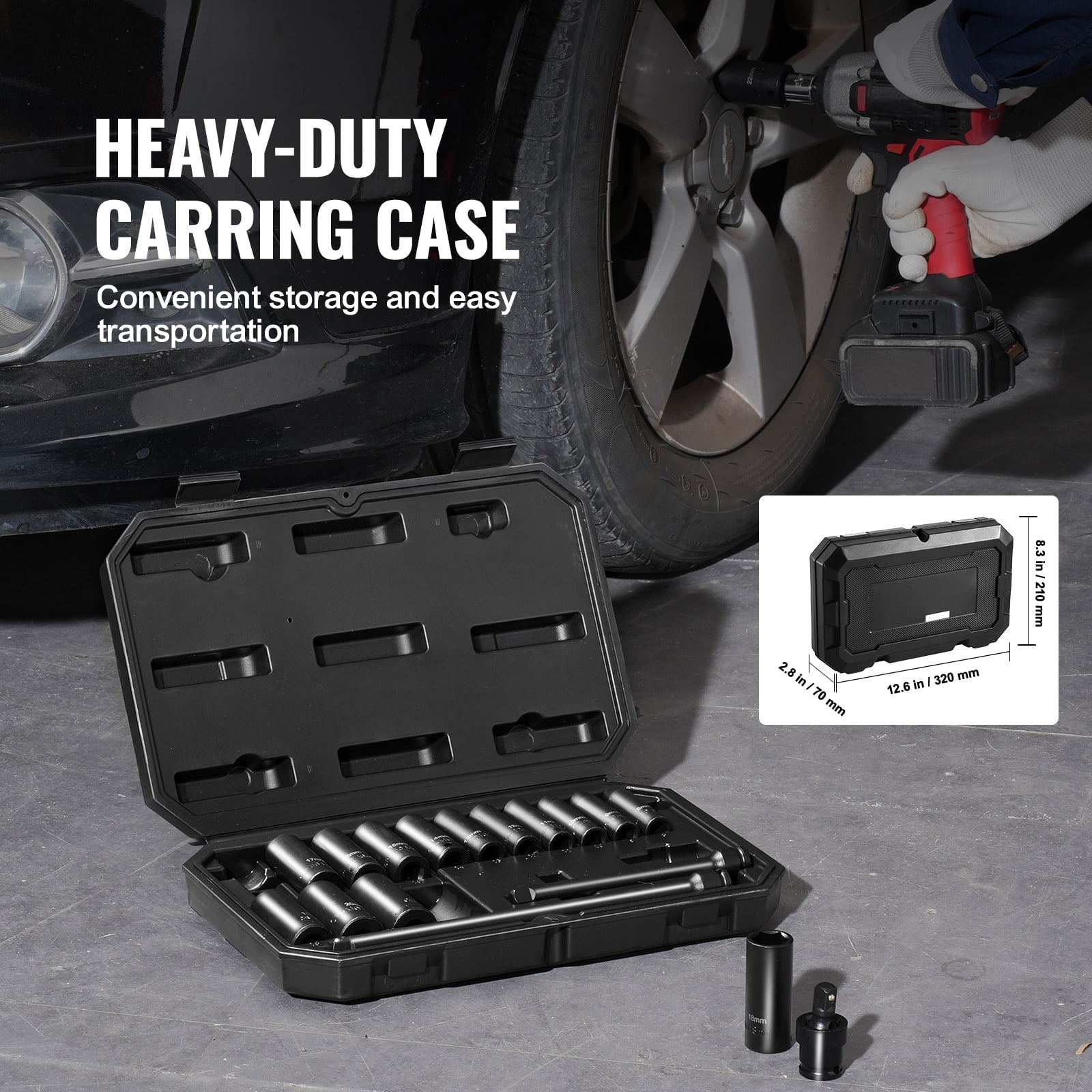 KFFKFF 18-Piece 3/8" Drive Impact Socket Set - Metric Sizes 8-22mm - Durable CR-V Alloy Steel with 6-Point Design for Automotive Repairs - Clear Size Markings - Sturdy Build