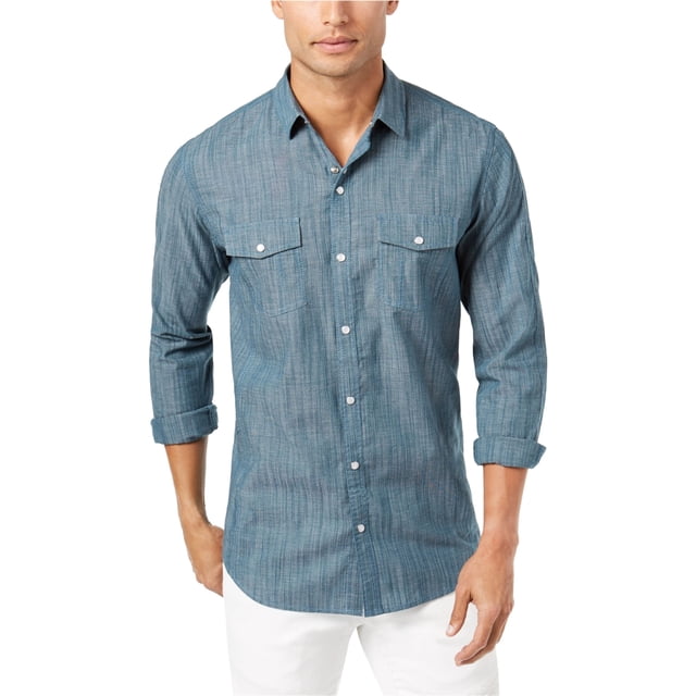 INC Camisa con botones de cambray texturizada para hombre, verde, grande