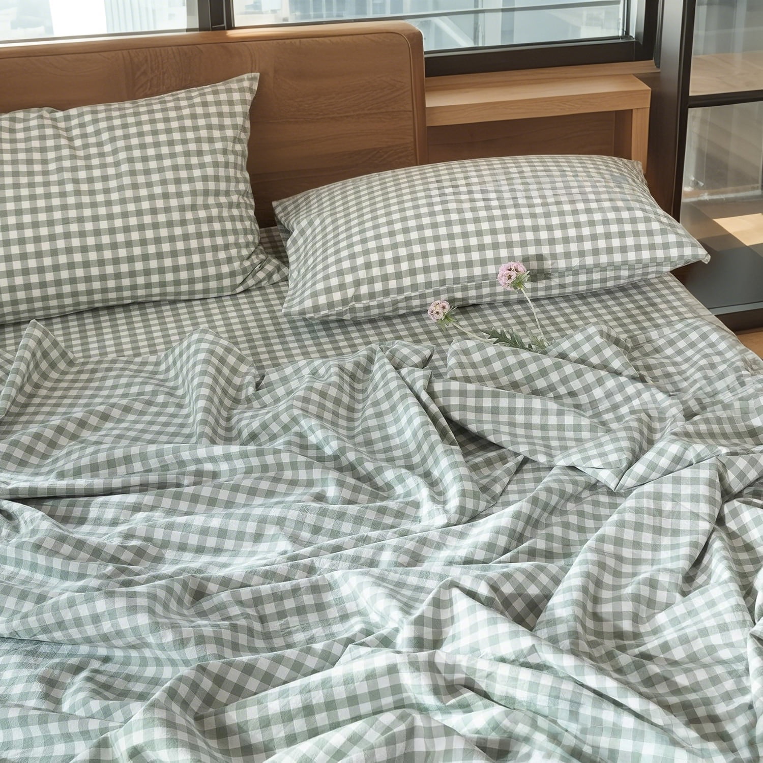 NAYOROOM 100% Organic Cotton Gingham Duvet Cover Twin Set, 2-Piece Linen Like Textured Breathable Soft Bedding Cover（Sage Green Gingham）