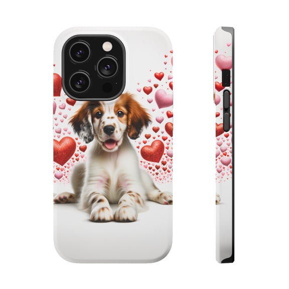 DistinctInk Tough Case for Apple iPhone 13 PRO (6.1" Screen), Compatible with MagSafe Charging - Valentine's Day English Setter Puppy