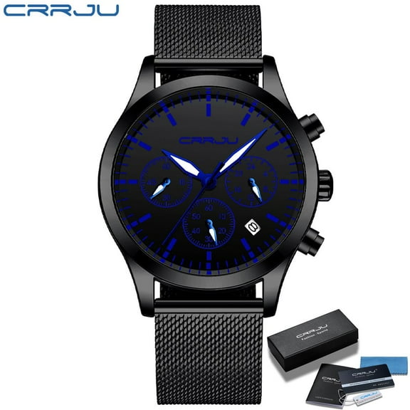 CRRJU Mens Watches with Stainless Steel Waterproof Analog Quartz Fashion Business Chronograph Black Watch for Men, Auto Date