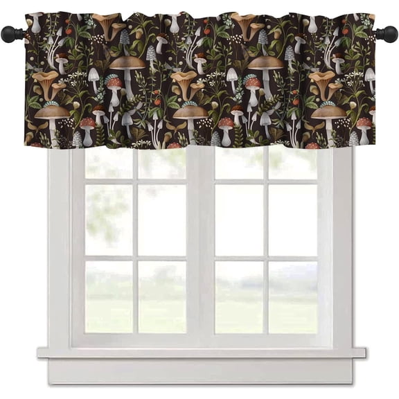 Mushroom Kitchen Curtains, Botanical Wild Herbs Leaves Valance for Kitchen Windows, Mushroom Print Small Short Curtains Window Treatments Valance for Kitchen Cafe, 54x18 Inch, 1 Panel