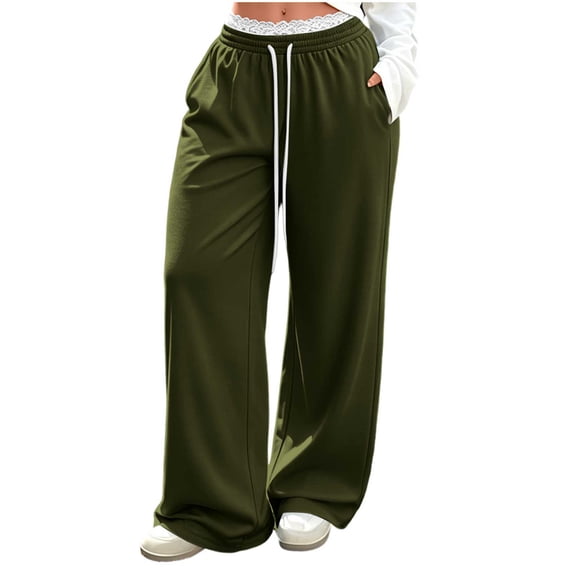 Gytharion Women's Lace Trim Sweatpants Solid Color Straight Leg Loose Casual Track Pants with Pockets Drawstring Elastic High Waist Joggers