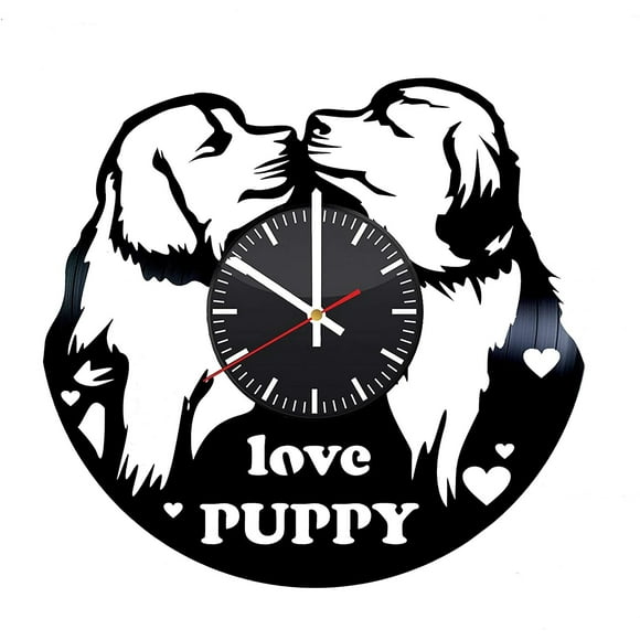 Love Puppy Dogs Pet Vinyl Wall Clock, We Love Dogs, Dog Breed Vinyl Record Handmade Art Decor for Home Room Kitchen, Vintage Original Gift for Any Occasion, Party Supplies Decoration