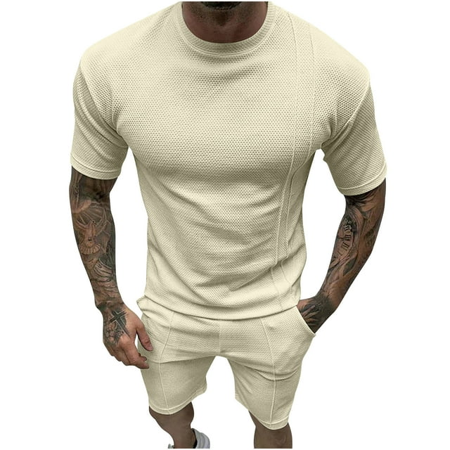 TIMIFIS Mens Outfits 2 Piece Summer Tracksuit Casual Crew Neck Solid Color Muscle Short Sleeve Tee Shirts and Classic Sport Shorts Set - Spring/Summer