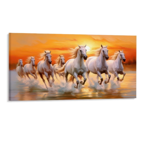 48x24 Inch Framed Canvas Print White Horses Running in Sunset Water Art Wall Decor for Living Room Home Office