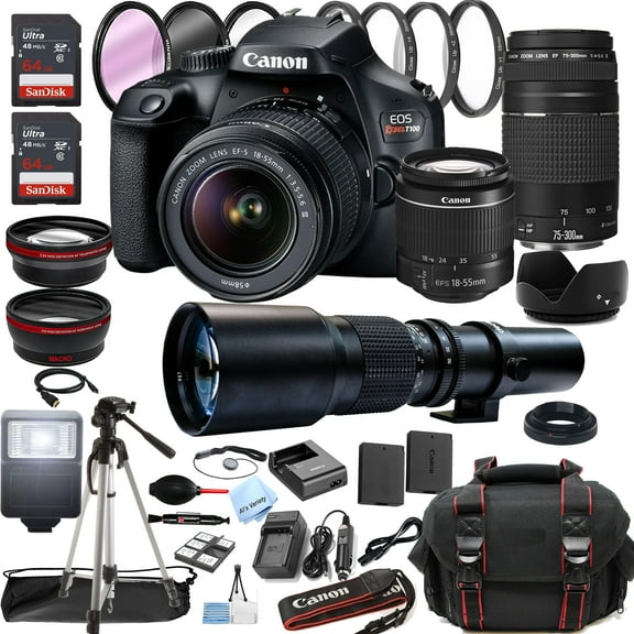 Canon EOS Rebel T100 / 4000D DSLR Camera with 18-55mm + 75-300m + 500mm Preset Lens + Optics Filter Set, Camera Bag + Sandisk Ultra 128GB Memory + Al's Variety Cleaning Kit, And More