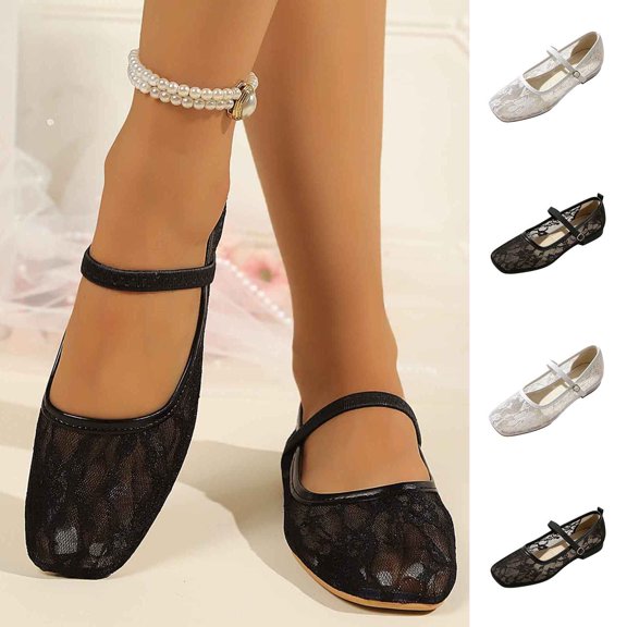 Womens Floral Mesh Lace Square Toe Mary Jane Flats, Single Buckle Strap Breathable Slip On Flat Dress Walking Shoes White 9.5(43)