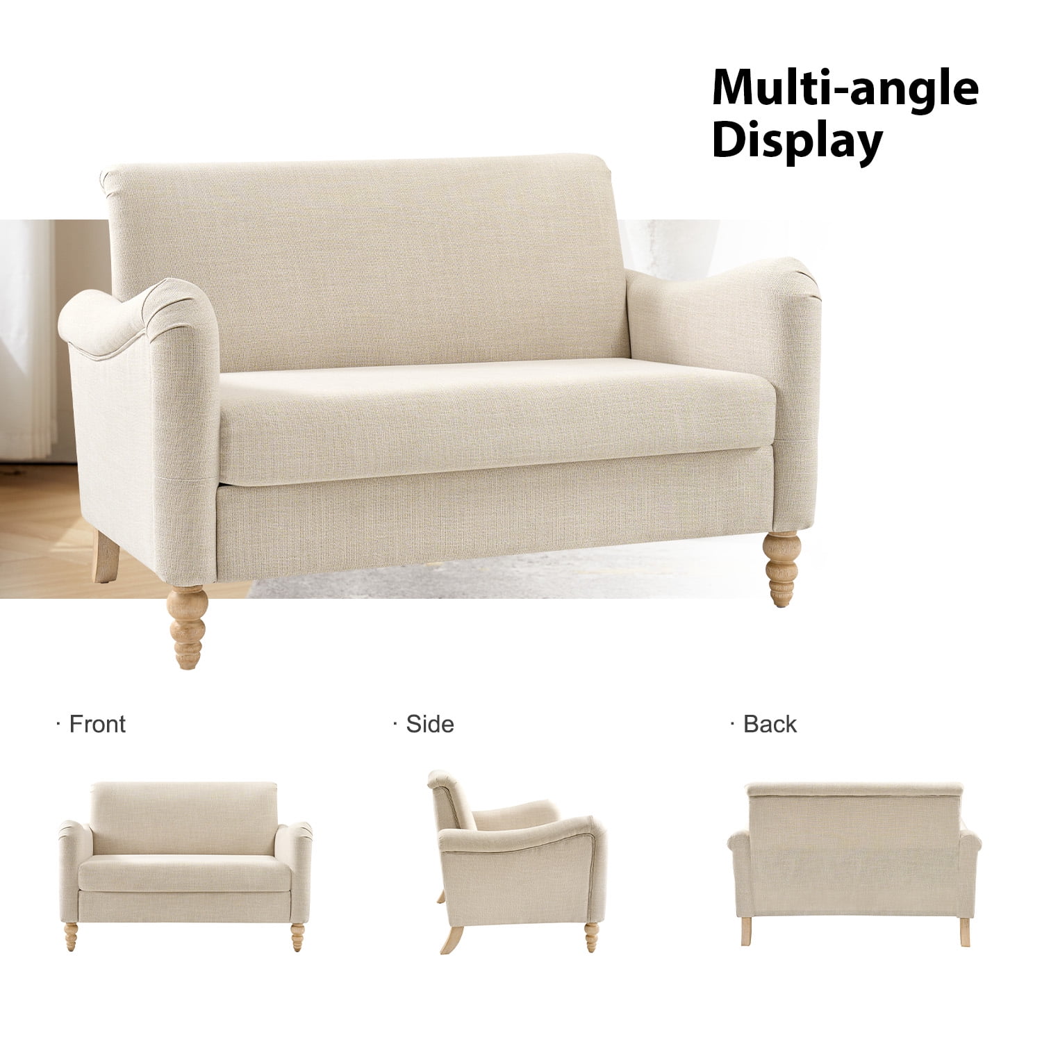Tina's Home 50" Farmhouse Loveseat Sofa, Linen Upholstered Couch with Wide Seat, Sloped Arms and Solid Wood Bobbin Legs