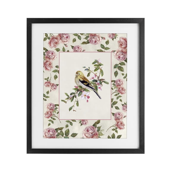 Stupell Industries Traditional Perched Bird with Dainty Roses Black Framed Print Under Glass, 13 x 16, by Sally Swatland
