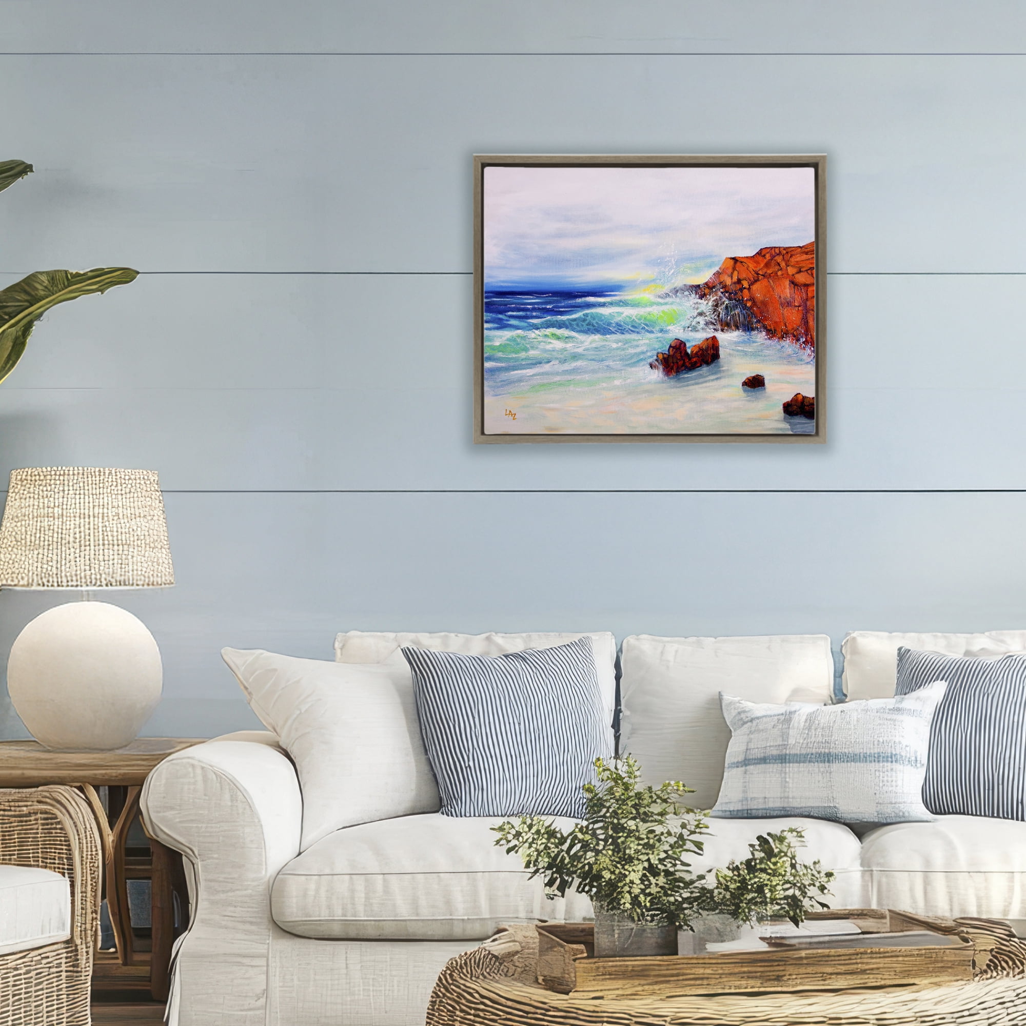 Stupell Industries Deep Blue Rocky Beach Brown Framed Floater Canvas Wall Art, design by Lee Ann Zirbes