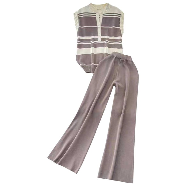 Pantalones Casuales de Mujer Cuello Redondo Manga Corta Tops Y Elástico de la Cintura Pantalones Largos Conjuntos, Desgaste Casual