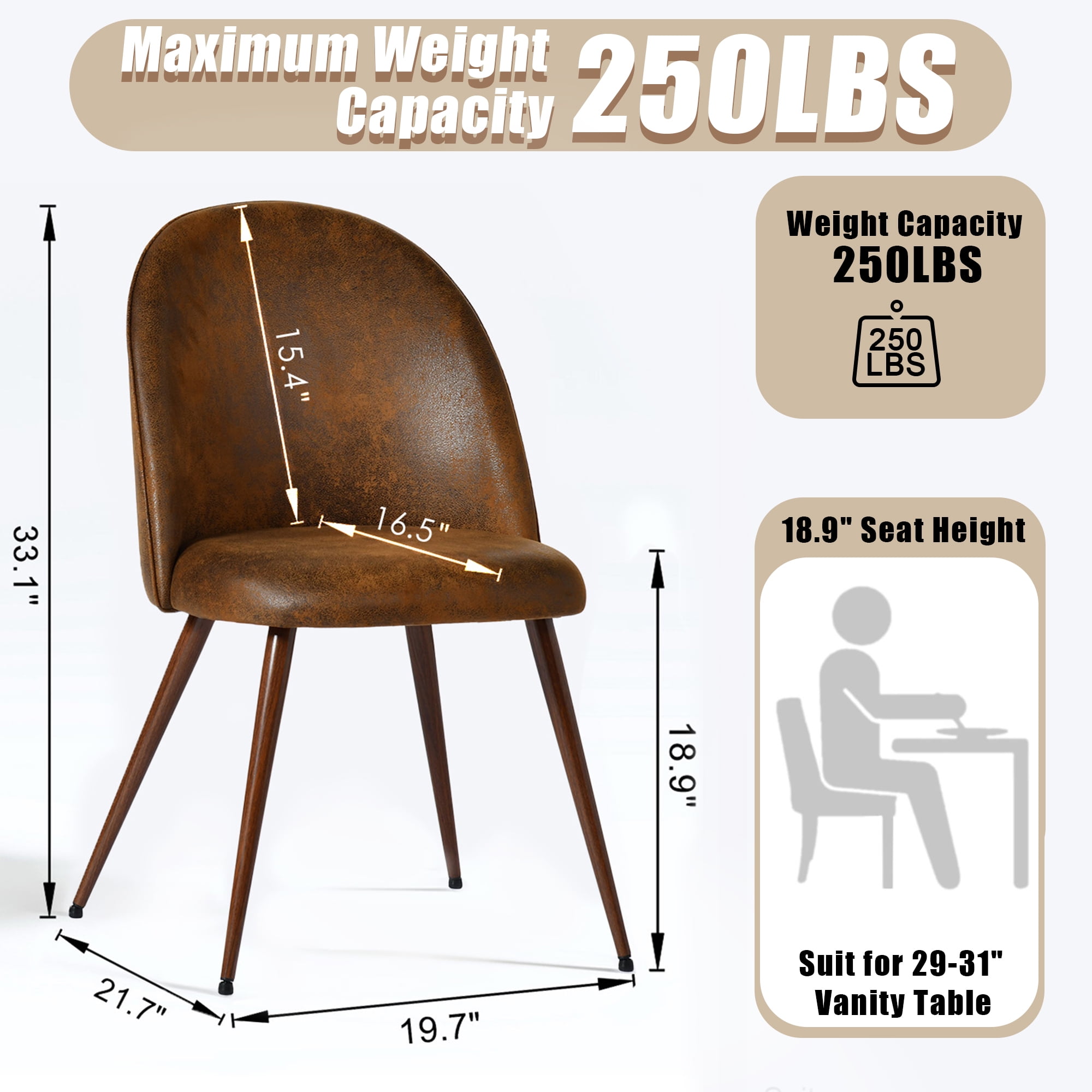 Homy Casa Set of 2 Modern Fabric Dining Chairs with Walnut Finish Metal Legs for Kitchen, Dining Room, and Breakfast Nook