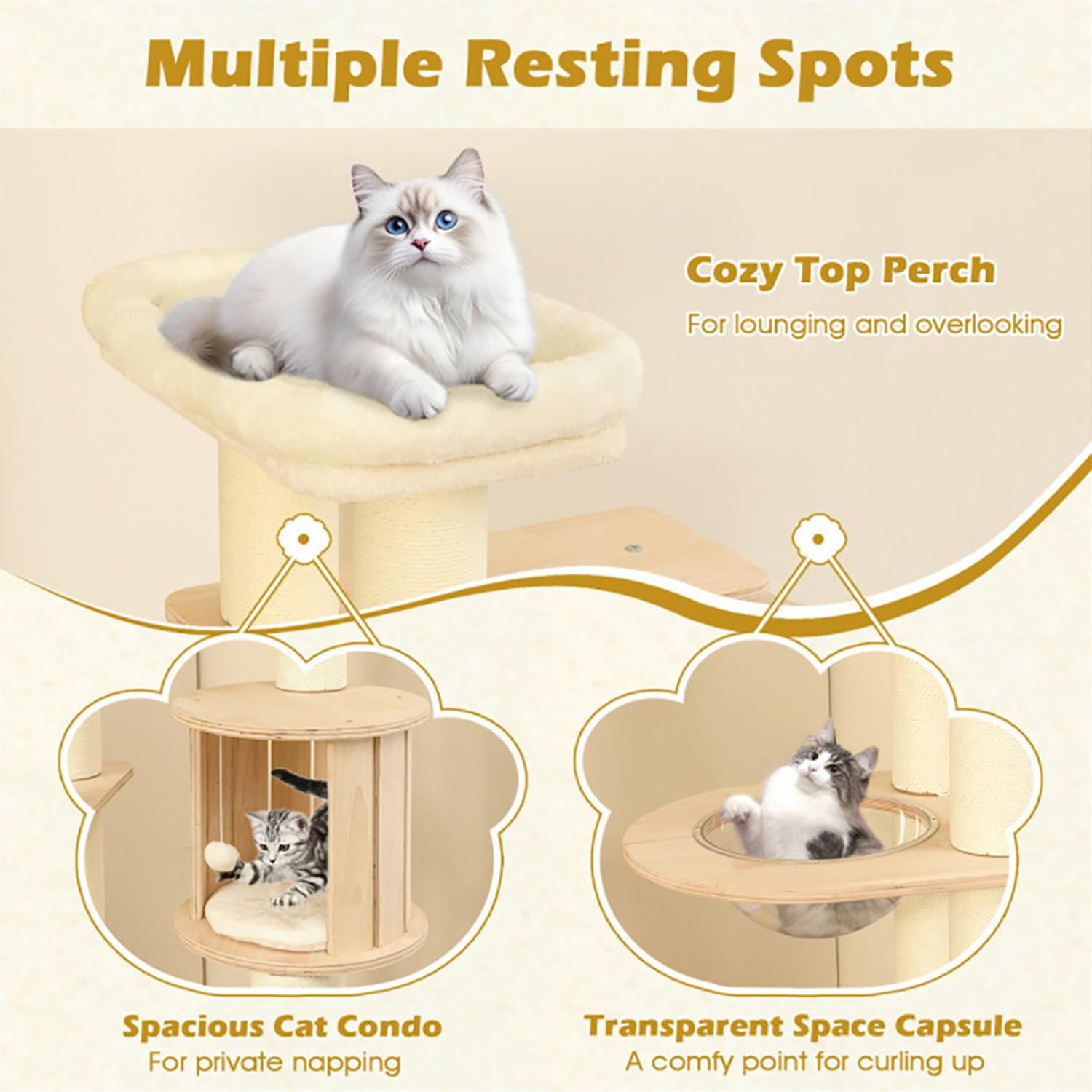 resenkos 71" Modern Cat Tree with Toy, Cat Tower Condo for Indoor Cats with Cozy Wooden Condos, Top Perch and Space Capsule, Beige