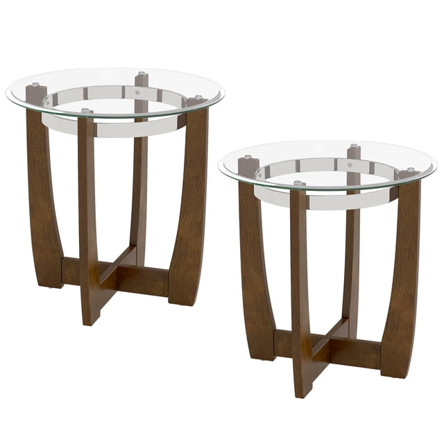 Patiojoy Glass End Table Set of 2 24" Round Side Table with Tempered Glass Top Transparent & Walnut