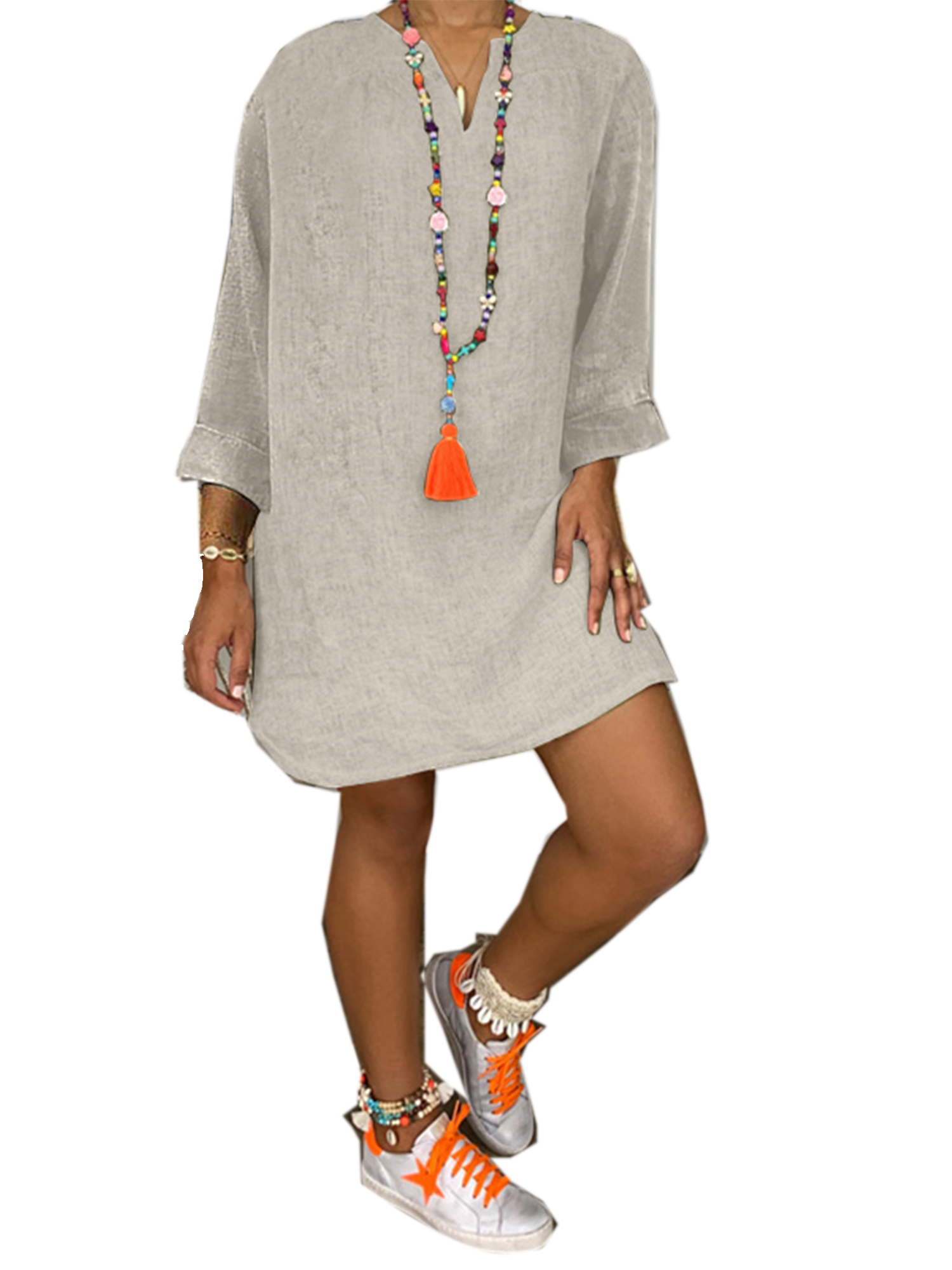 S-5XL Womens Short Sleeve Casual Long Tops Shirt Dress Summer Loose Midi Dress