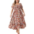 thumbnail image 1 of GRACE & GRANDEUR Robe Maxi Bohème à Fleurs pour Femme Grande Taille à Manches Courtes, Encolure Carrée, Smockée 4X Rouge, 1 of 6