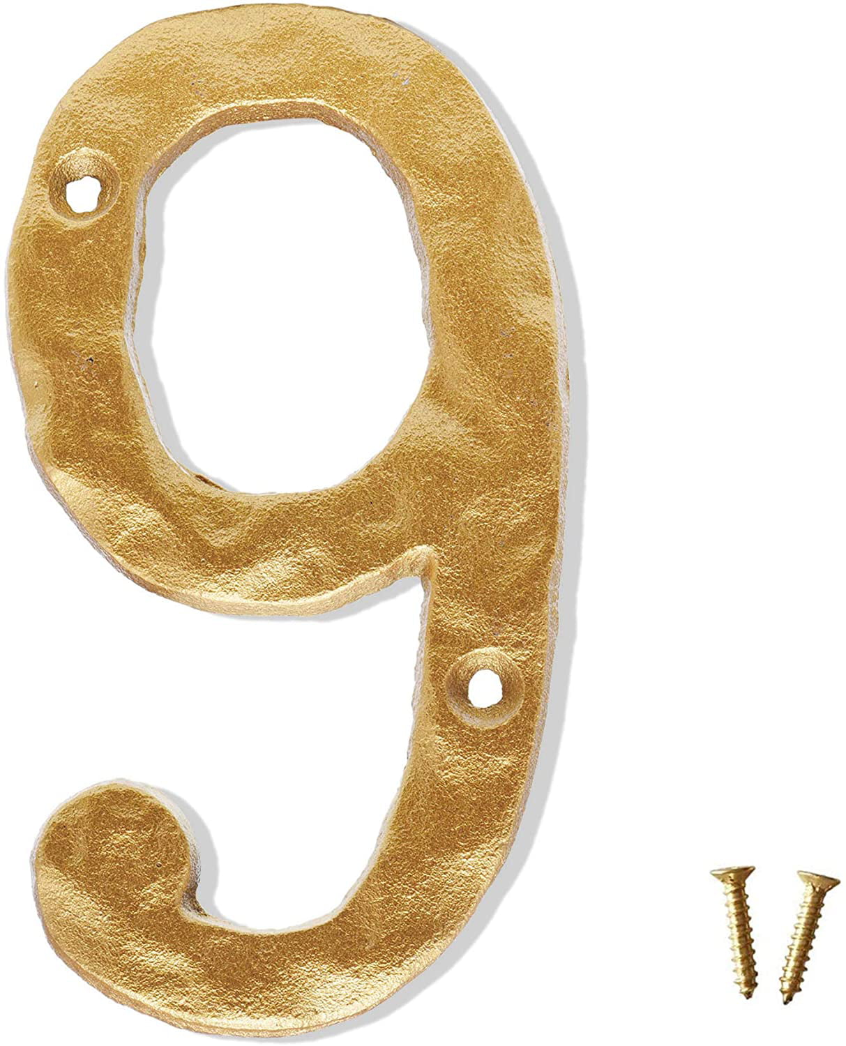 Golden 6 Inch House Numbers Number 9 Heavy Duty Rustic Cast Iron Metal Home Address Number with Unique Hammered Appearance