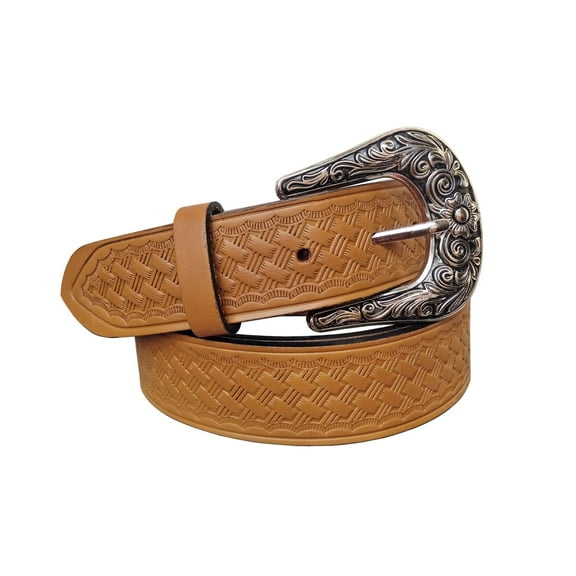 Resistance Full-Grain Leather Western Belt with Floral Engraved Buckle