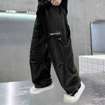 Eltusu Boys Cargo Pants, Elastic Waist Loose Fit Spring Fall Cotton Wide Leg Pants Black Size 15-16 T