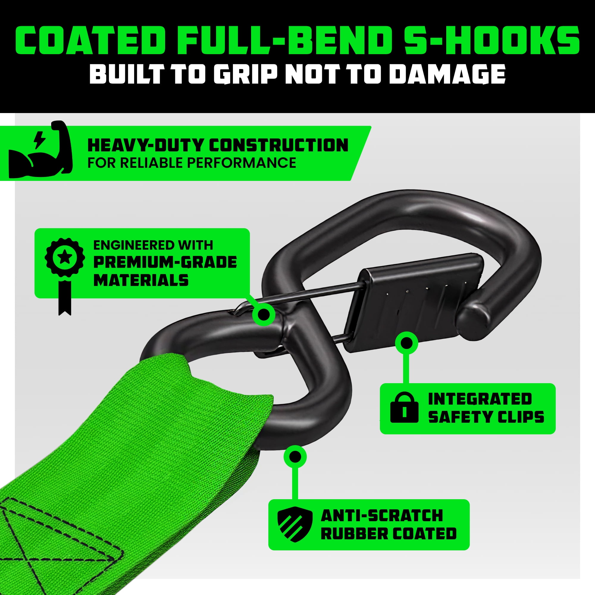 Rhino USA Heavy Duty 2" x 10' Retractable Ratchet Straps 3,033lb Break Strength (Green 4 Pack)