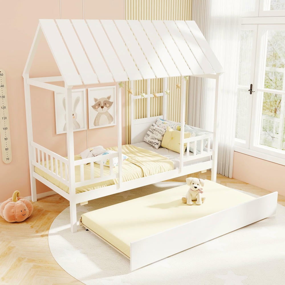 Barara King Twin Size Bedroom Trundle Bed Frame with Roof Window, Bed Platform Frame for Bedroom, Apartment, White