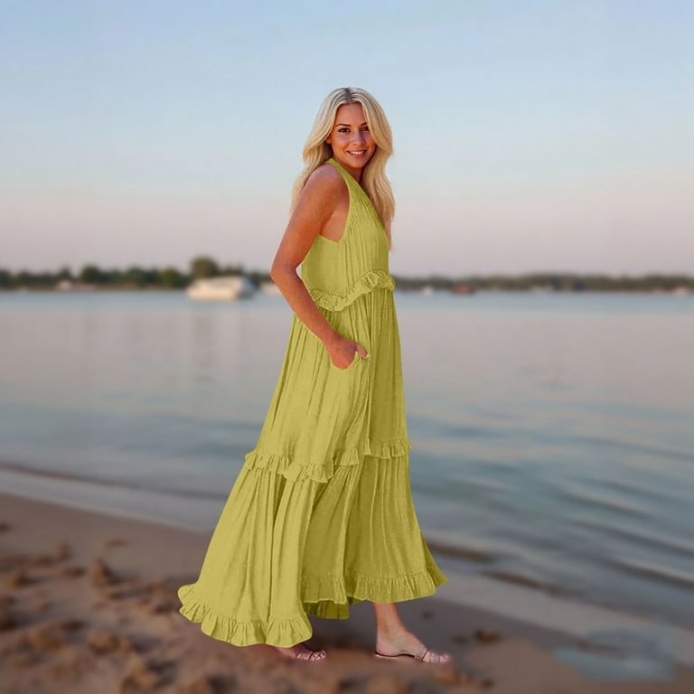 V Neck Maxi Dresses for Women 2025 Summer Built in Bra Sleeveless Zipper Up Long  Dress Loose Tiered Flowy Swing Smocked Ruffle Beach Dress Yellow XL -  Walmart.com