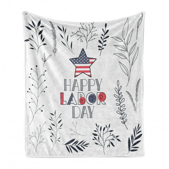 Labour Day Soft Flannel Fleece Throw Blanket, Floral and Leafy Composition of Symbolic Star and Quoting, Cozy Plush for Indoor and Outdoor Use, 50" x 70", Dark Blue Grey Pale Ruby, by Ambesonne
