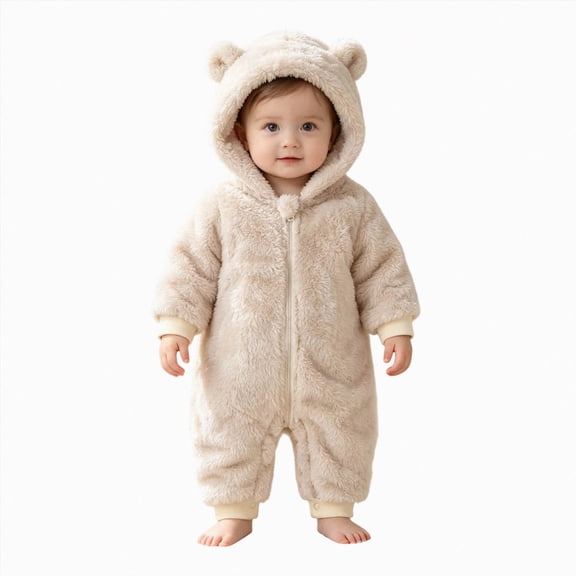 KJameas Baby Boys Girls Jumpsuit Fuzzy Fleece Bear Hooded Zip Up Footed