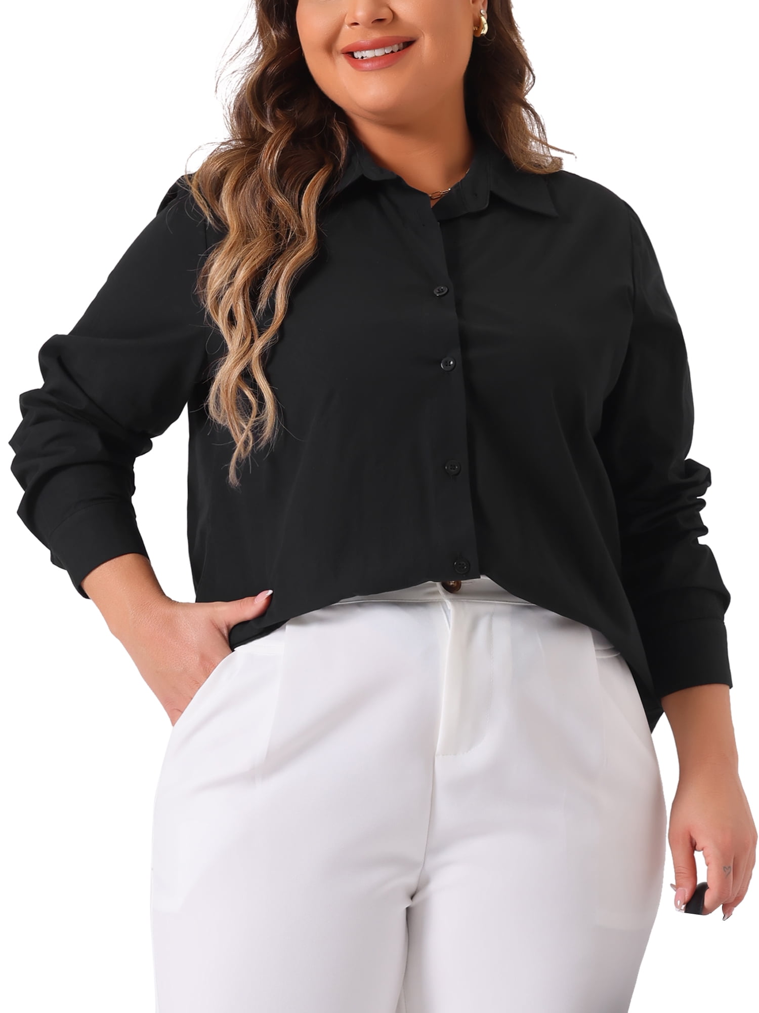 DARING DIVA Women's Plus Size Cotton Polo Collared Work Shirt 2X Black