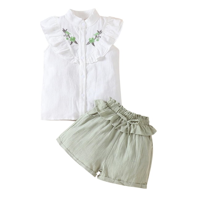 Odeerbi 2-8 Años Niñas Trajes de Verano Camisetas de Tirantes de Algodón Con Volantes Bordados Pantalones Cortos Conjunto de Dos Piezas Sin Mangas