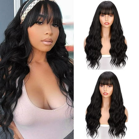 Long Black Wig with Bangs Wavy Long Hair Wig for Women Natural Looking Wavy  Synthetic Heat Resistant Wig for Daily Party Cosplay Use(Natural Black) |  Walmart Canada