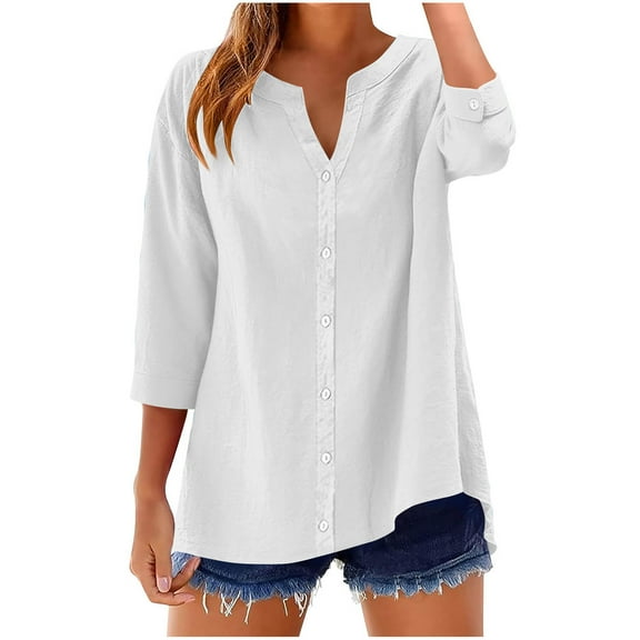 Kaemgyyd Cotton Linen Shirts for Women Loose Fit V Neck Button down Blouse 3/4 Sleeves Casual Tunic Tops Summer Outfits